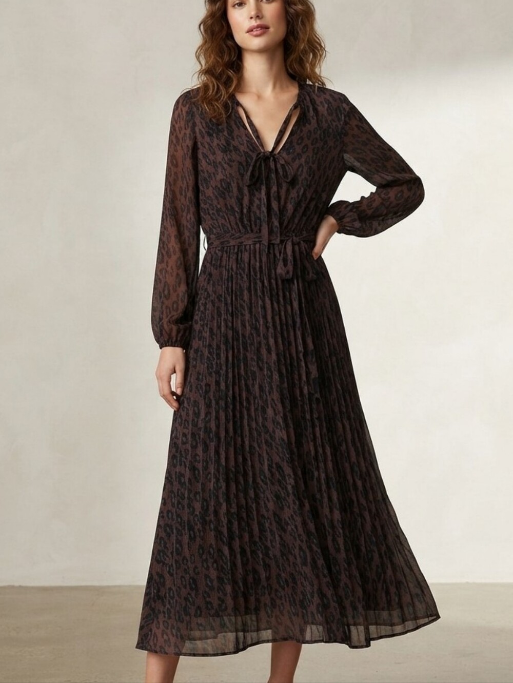 LOVEFIRE Dark Brow/Black Leopard-Print Tie-Neck Maxi Dress Sz Size ML